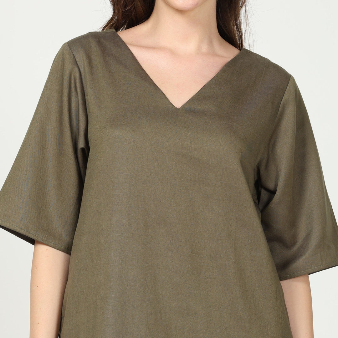 Straight Fit Knee Length Olive Green Dress | Comfort & Style