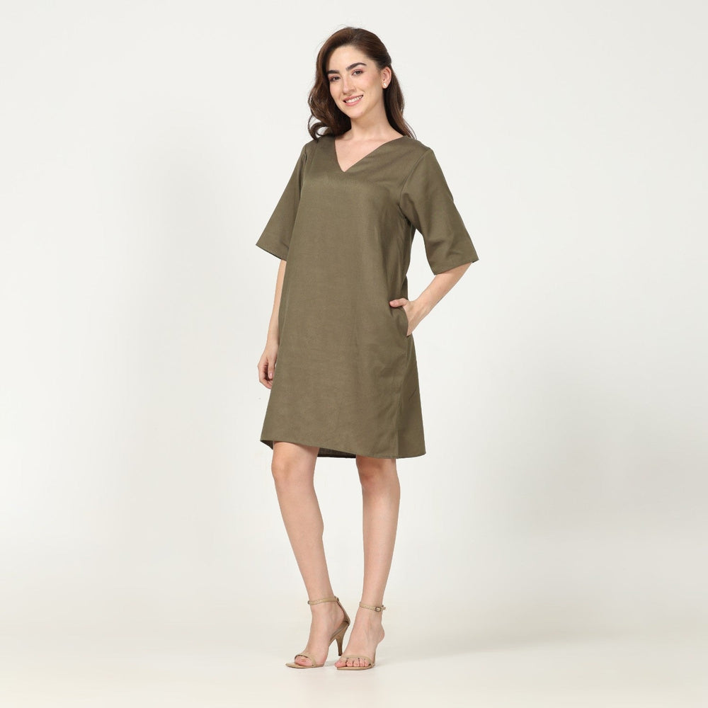 Straight Fit Knee Length Olive Green Dress | Comfort & Style