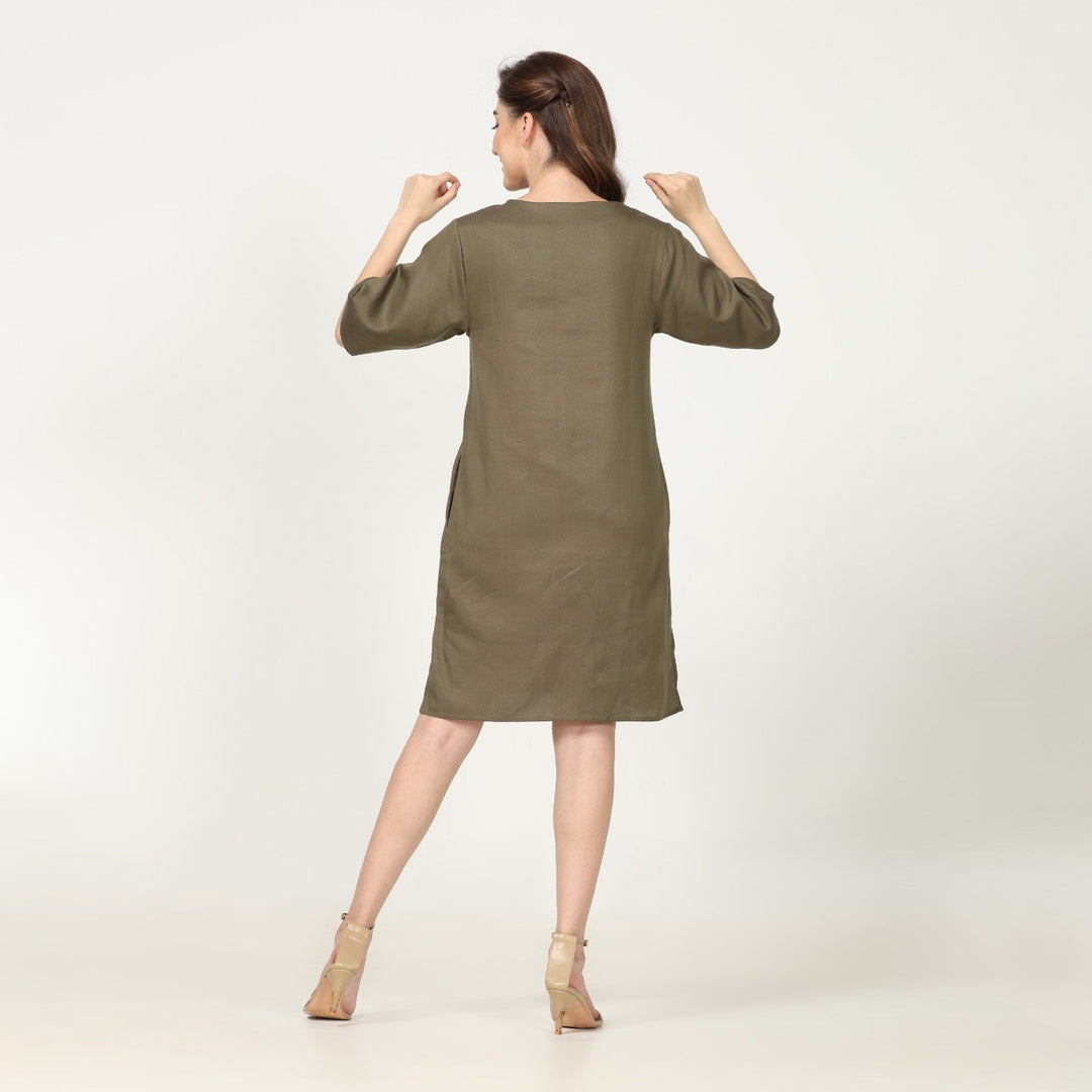 Straight Fit Knee Length Olive Green Dress | Comfort & Style