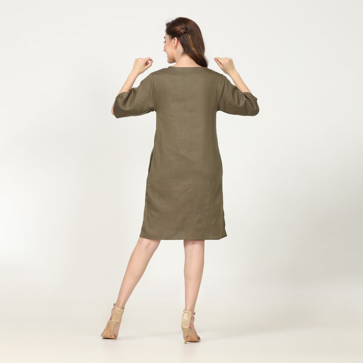 Straight Fit Knee Length Olive Green Dress | Comfort & Style