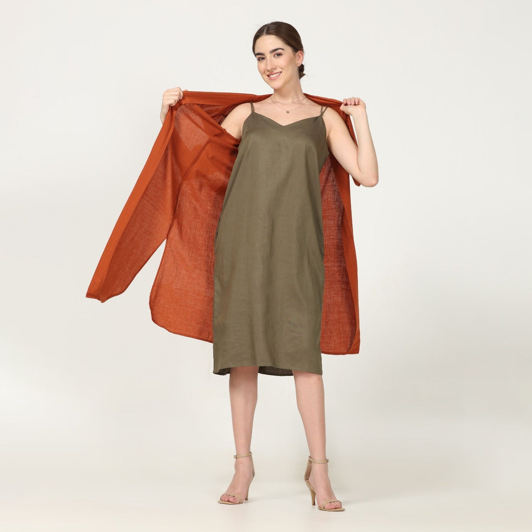 Rust Overlay With Olive Green Dress | Casual Lunch Dress | Set Of 2