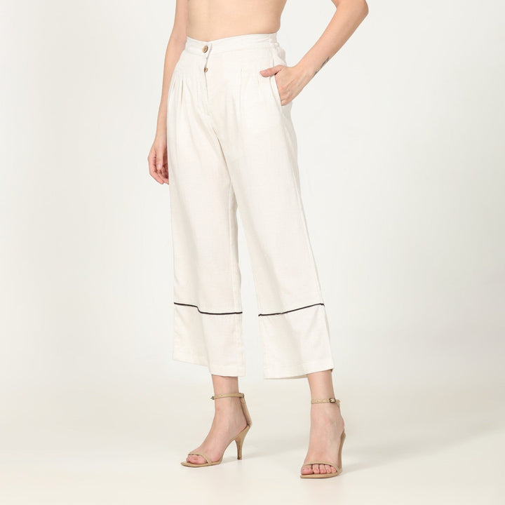 Hand-Crafted Off-White Pants | Front Pleated Barrel Leg | Dark Brown Edging