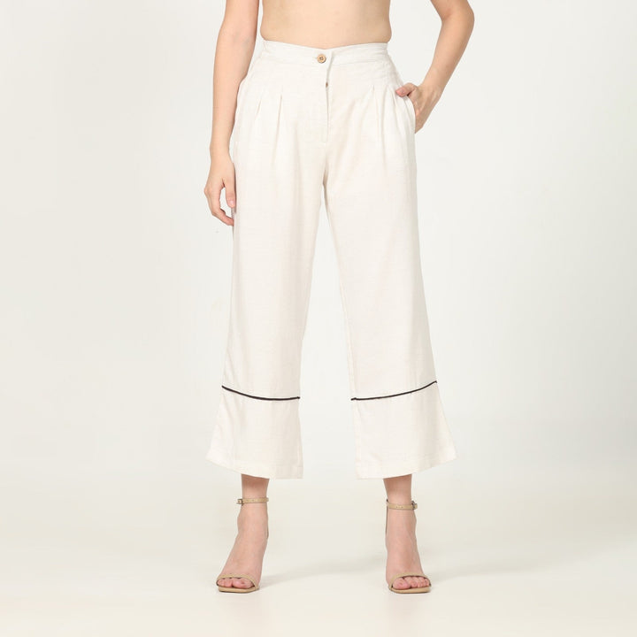 Hand-Crafted Off-White Pants | Front Pleated Barrel Leg | Dark Brown Edging