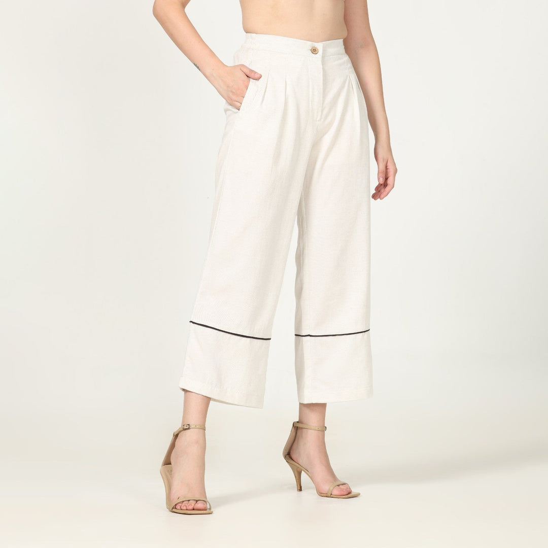 Hand-Crafted Off-White Pants | Front Pleated Barrel Leg | Dark Brown Edging
