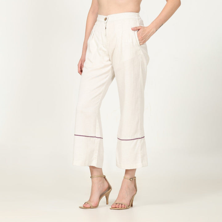 Hand-Crafted Off-White Pants | Front Pleated Barrel Leg | Royal Purple Edging