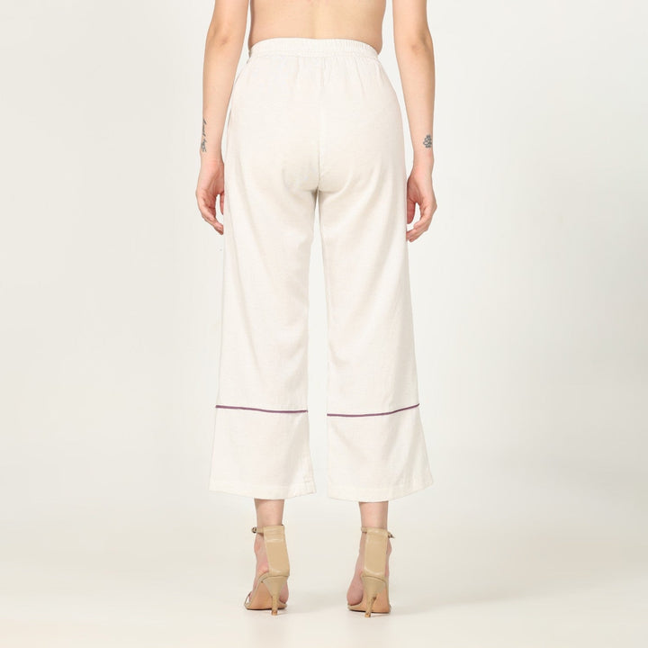 Hand-Crafted Off-White Pants | Front Pleated Barrel Leg | Royal Purple Edging