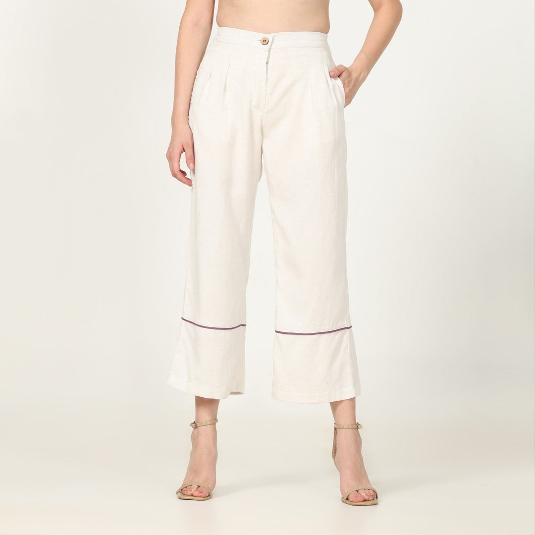 Hand-Crafted Off-White Pants | Front Pleated Barrel Leg | Royal Purple Edging
