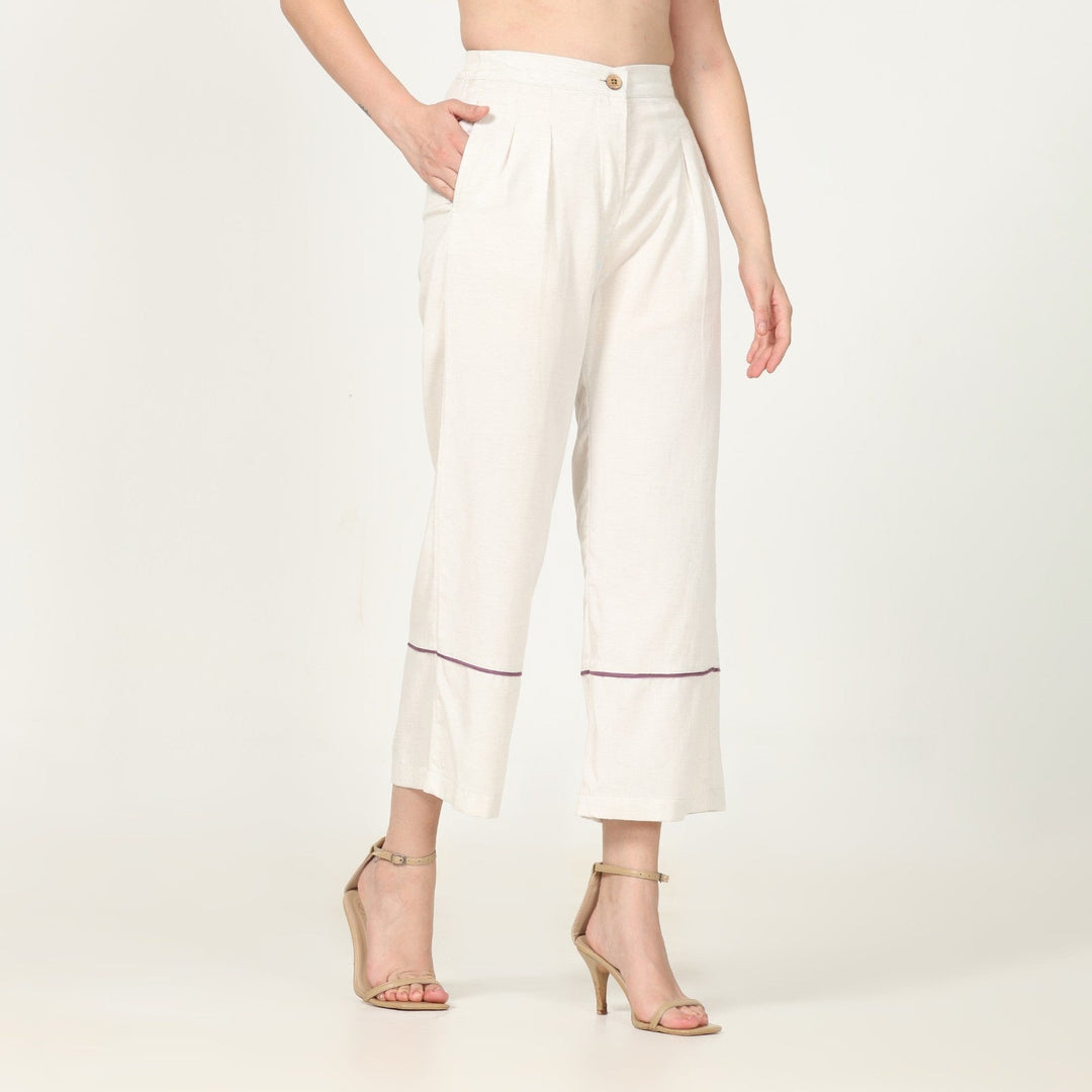 Hand-Crafted Off-White Pants | Front Pleated Barrel Leg | Royal Purple Edging