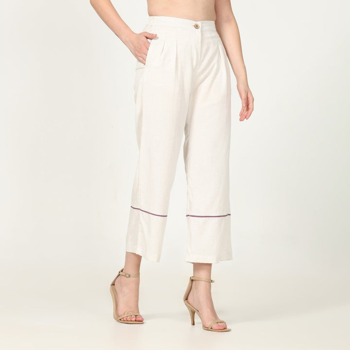 Hand-Crafted Off-White Pants | Front Pleated Barrel Leg | Royal Purple Edging