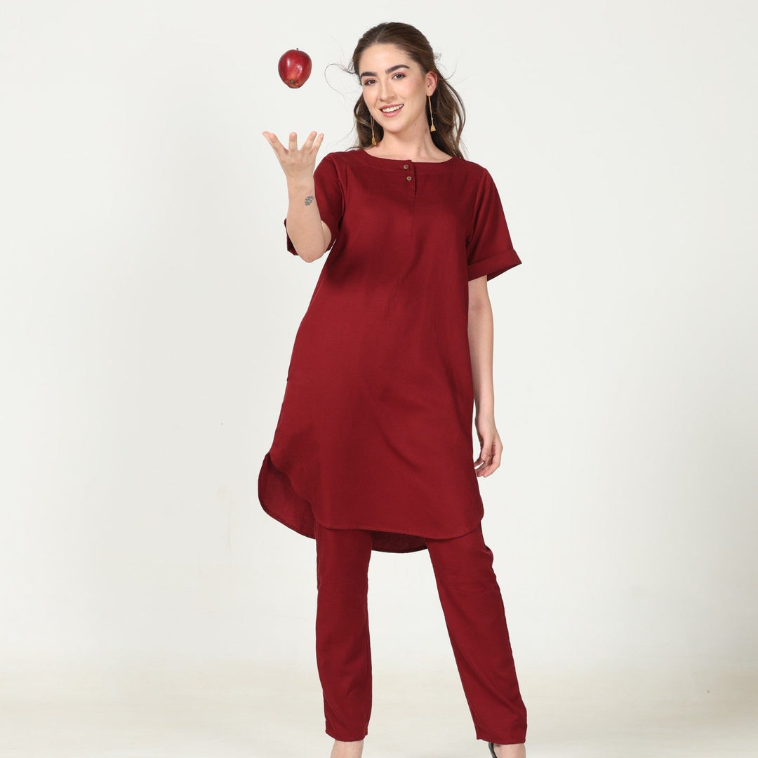 Women's Knee Length Tunic With Curved Hemline | Cotton | Maroon