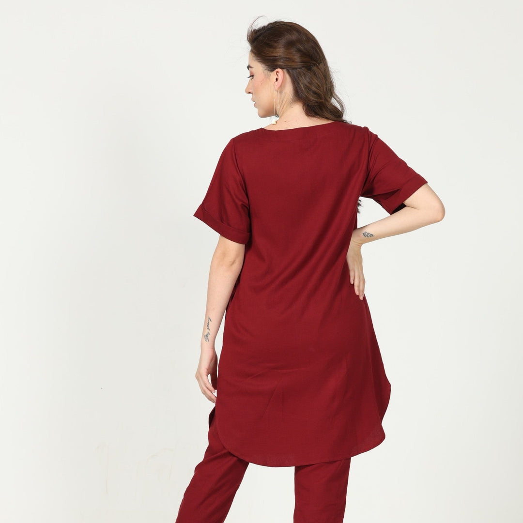 Women's Knee Length Tunic With Curved Hemline | Cotton| Maroon