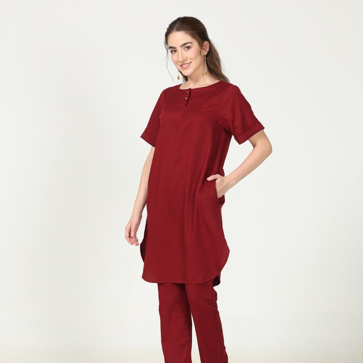 Women's Knee Length Tunic With Curved Hemline | Cotton | Maroon