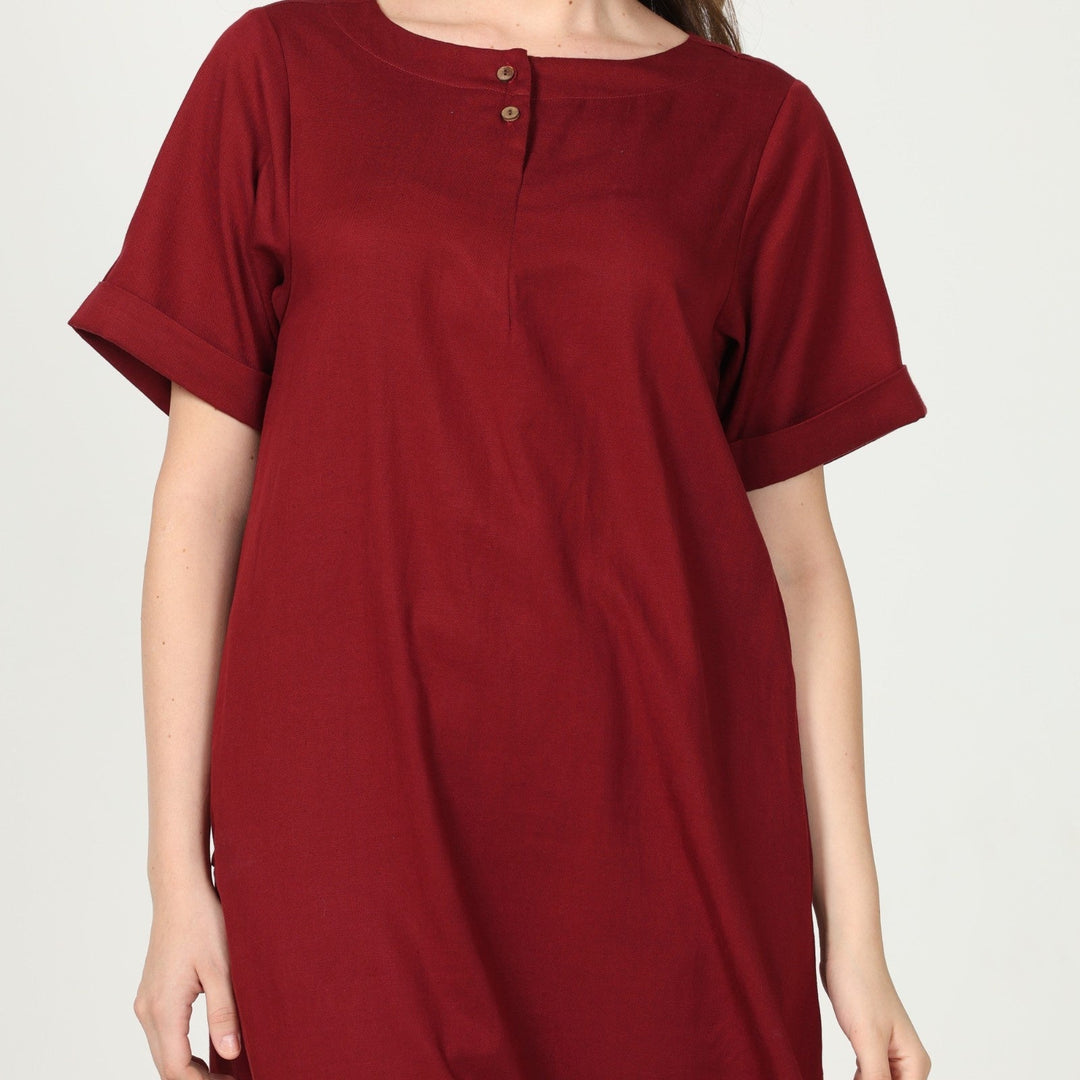 Women's Knee Length Tunic With Curved Hemline | Cotton | Maroon