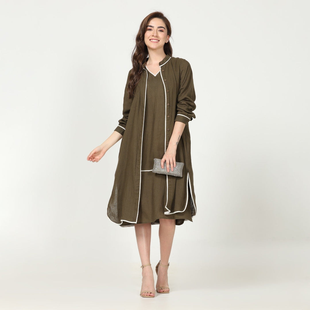 Olive Green Dress & Overlay | Linen Modal | Hand-Crafted | Set Of 2