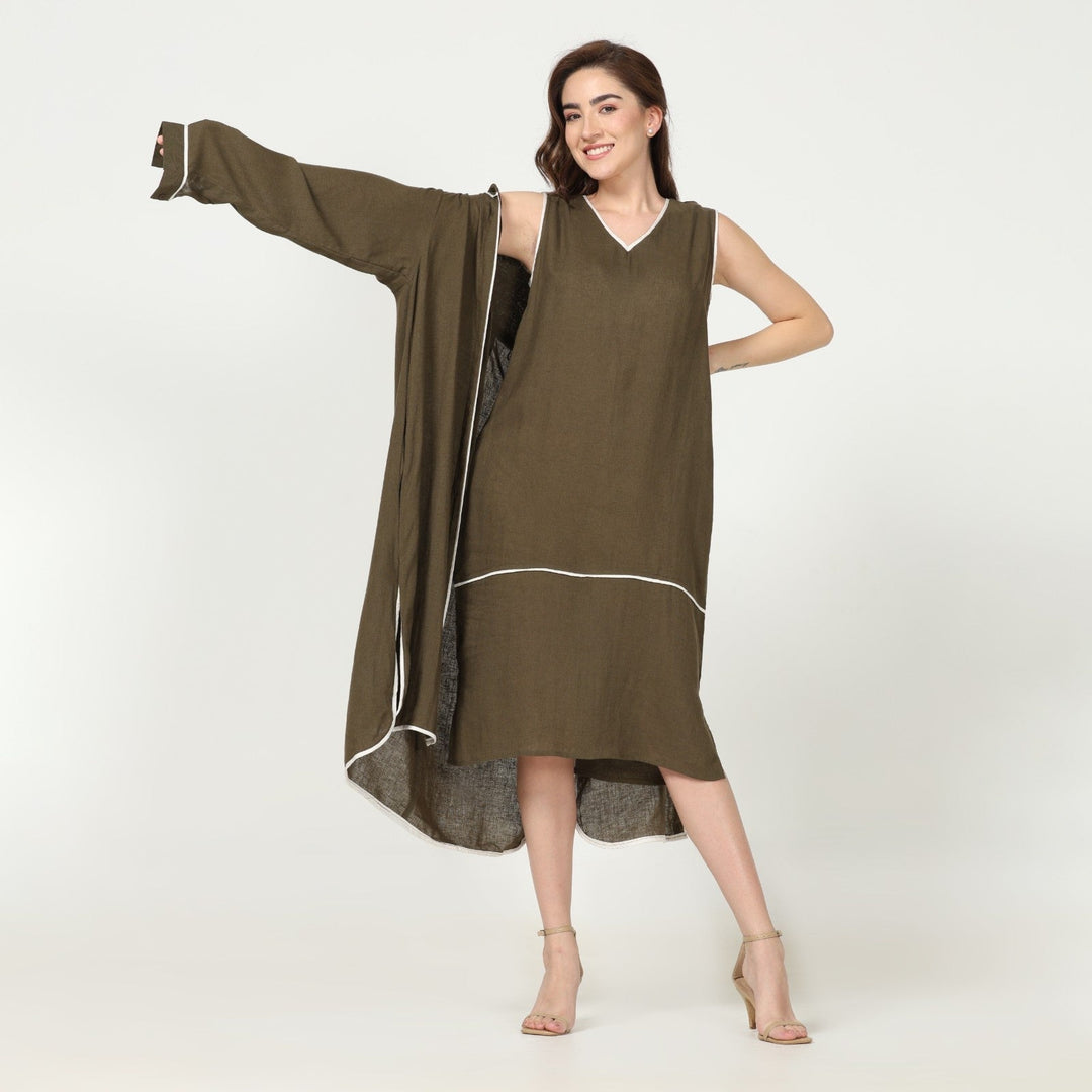 Olive Green Dress & Overlay | Linen Modal | Hand-Crafted | Set Of 2
