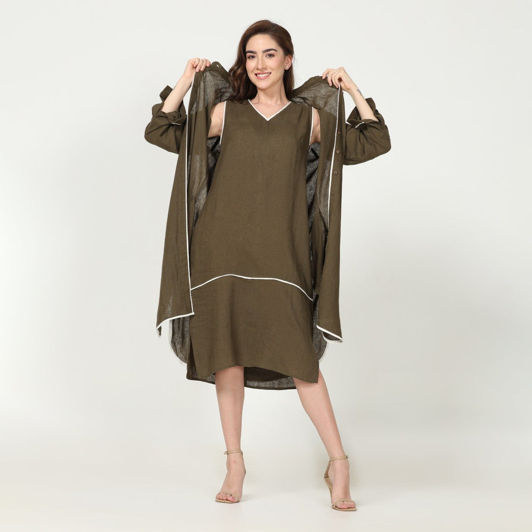 Olive Green Dress & Overlay | Linen Modal | Hand-Crafted | Set Of 2