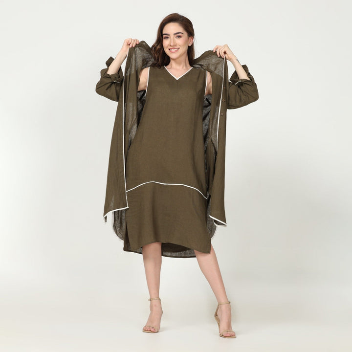 Olive Green Dress & Overlay | Linen Modal | Hand-Crafted | Set Of 2