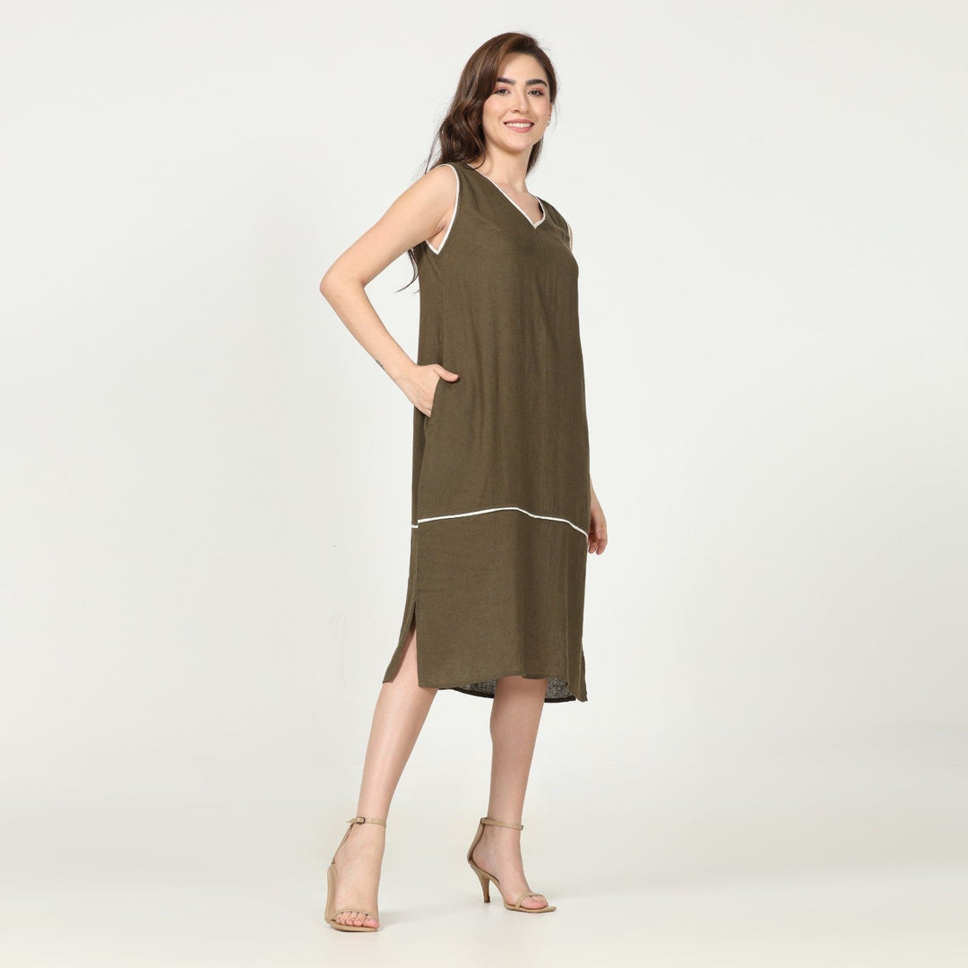 Olive Green Dress & Overlay | Linen Modal | Hand-Crafted | Set Of 2