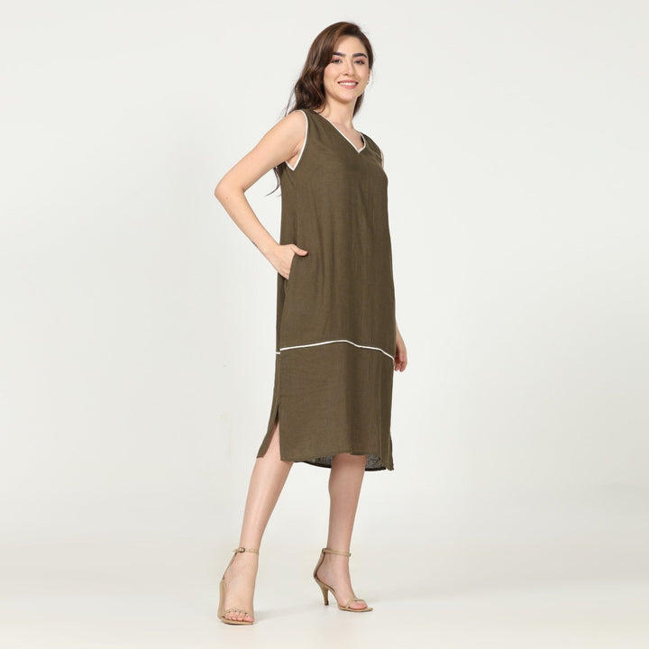 Olive Green Dress & Overlay | Linen Modal | Hand-Crafted | Set Of 2