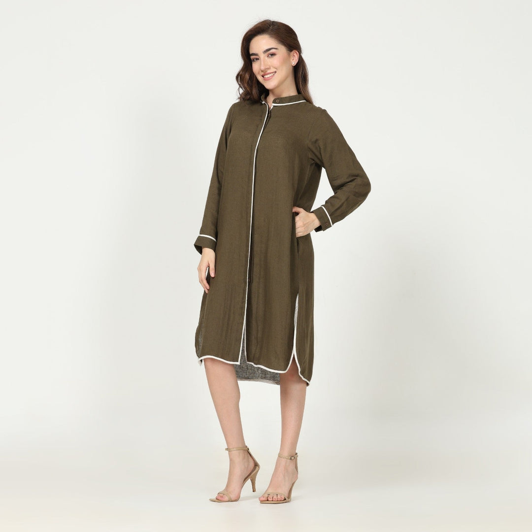 Olive Green Dress & Overlay | Linen Modal | Hand-Crafted | Set Of 2