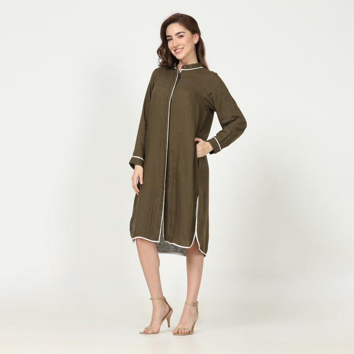 Olive Green Dress & Overlay | Linen Modal | Hand-Crafted | Set Of 2