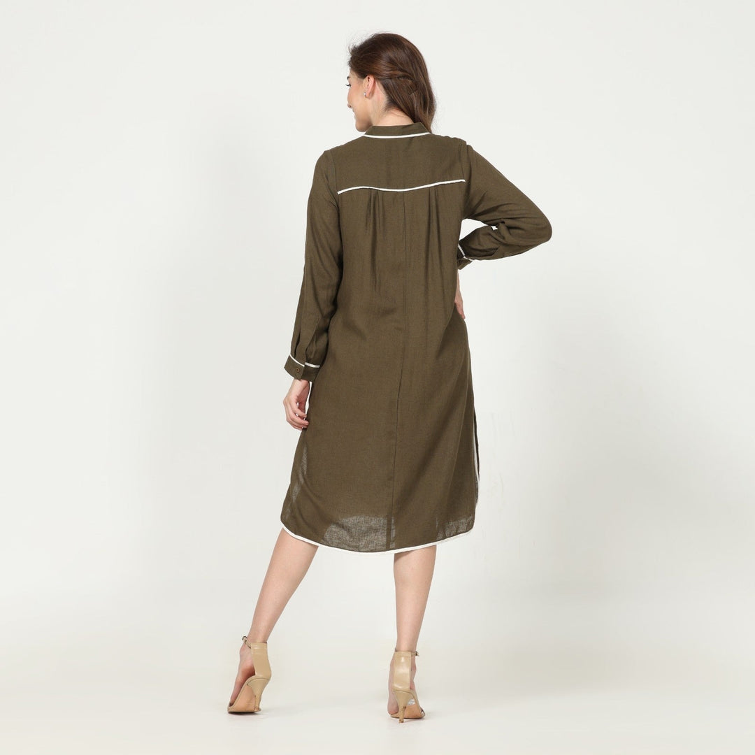 Olive Green Dress & Overlay | Linen Modal | Hand-Crafted | Set Of 2