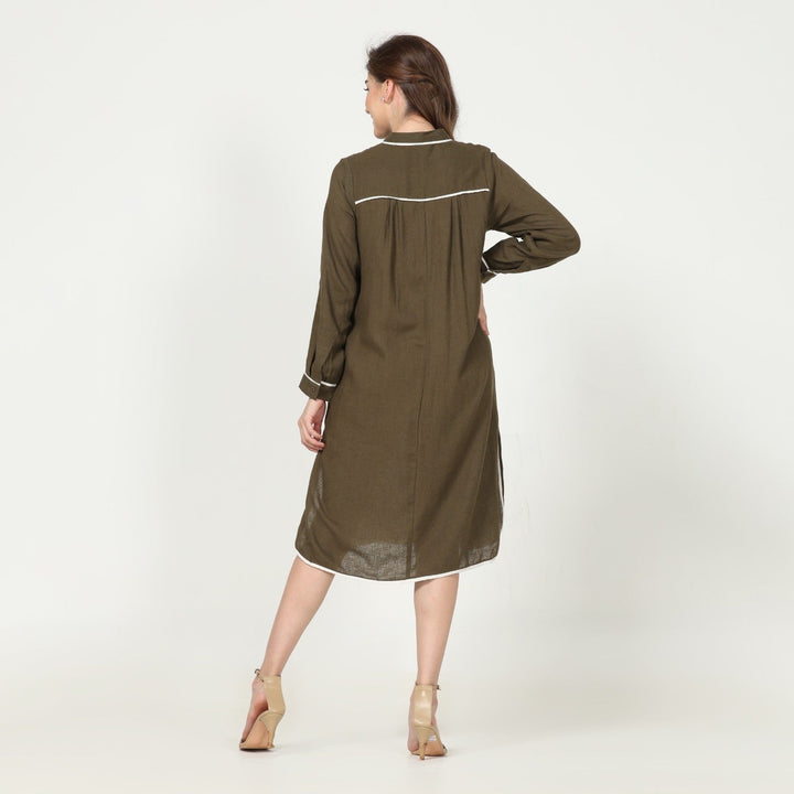 Olive Green Dress & Overlay | Linen Modal | Hand-Crafted | Set Of 2