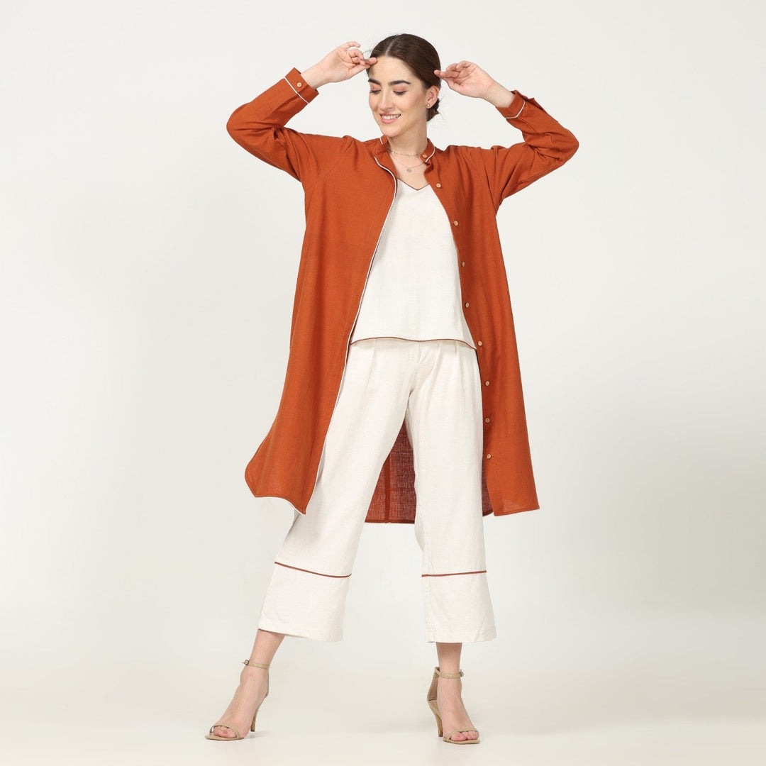 Autumn Rust Overlay With Ecru Top & Pant | Versatile Chic Style | Set Of 3