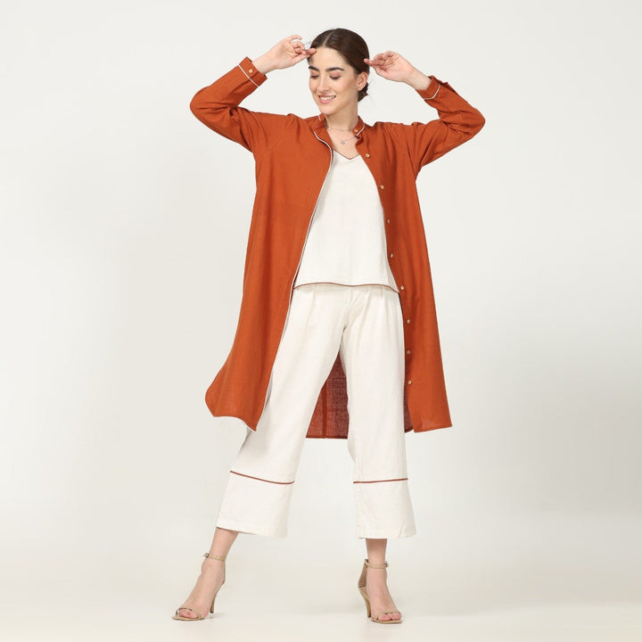 Autumn Rust Overlay With Ecru Top & Pant | Versatile Chic Style | Set Of 3