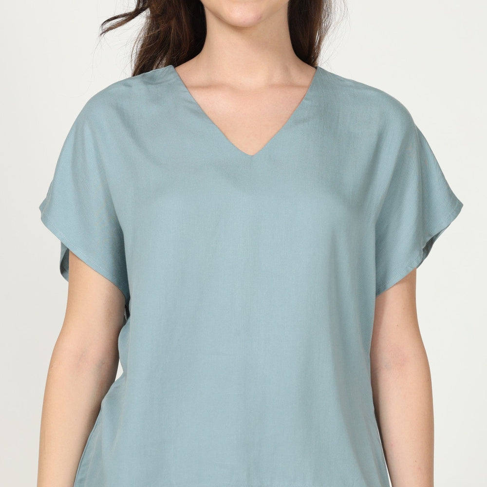 Pastel Blue Dolman Sleeve Top With Navy Straight Pant | Chic Comfort