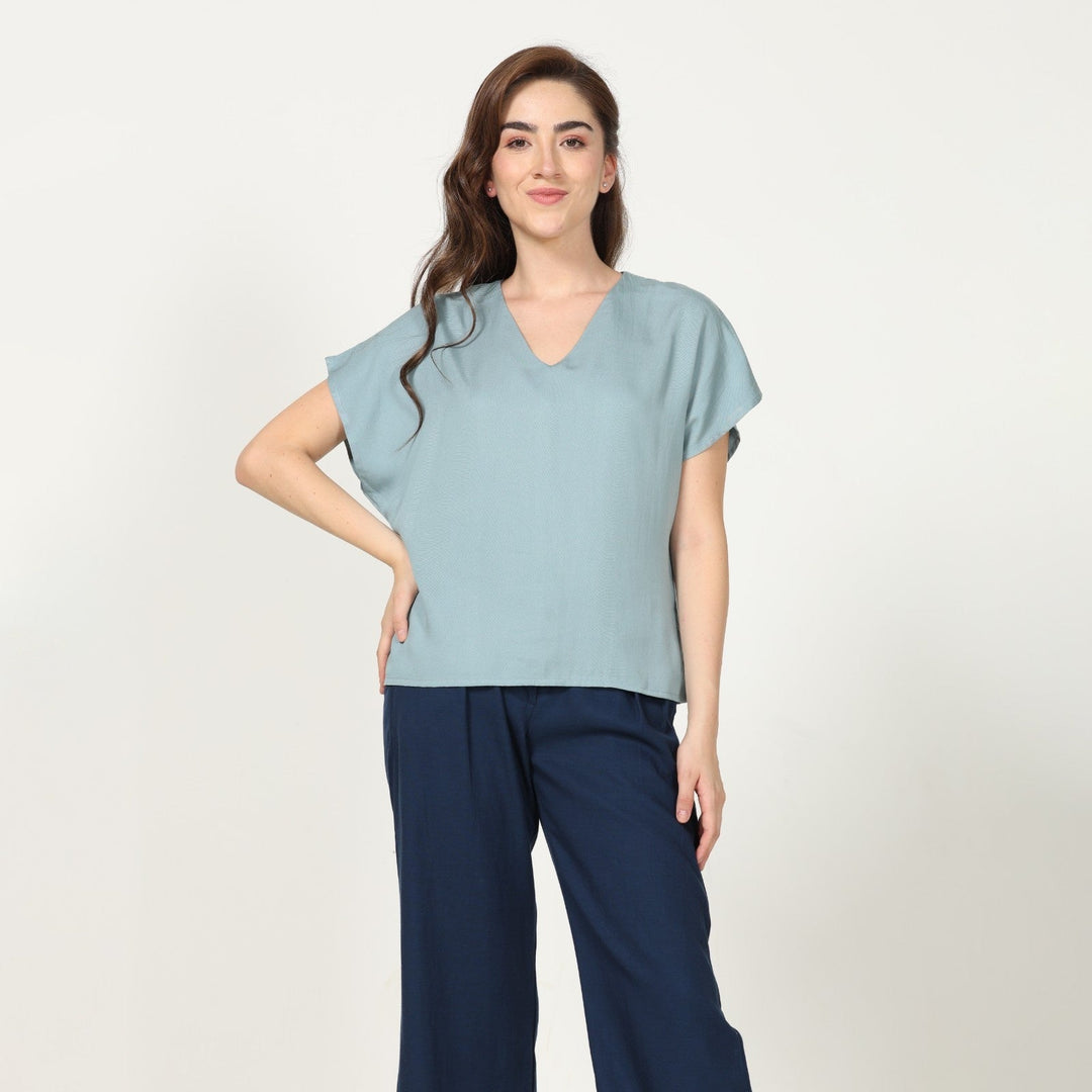 Pastel Blue Dolman Sleeve Top With Navy Straight Pant | Chic Comfort