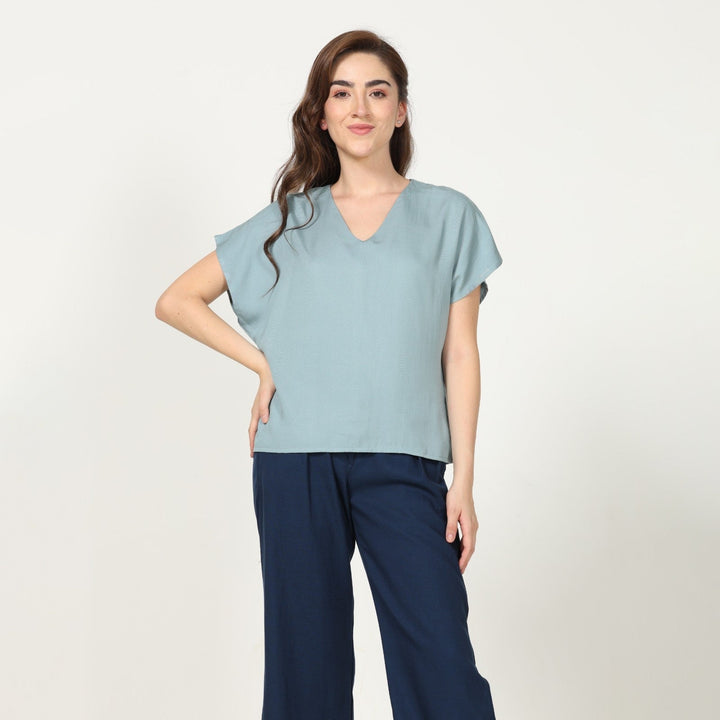 Pastel Blue Dolman Sleeve Top With Navy Straight Pant | Chic Comfort