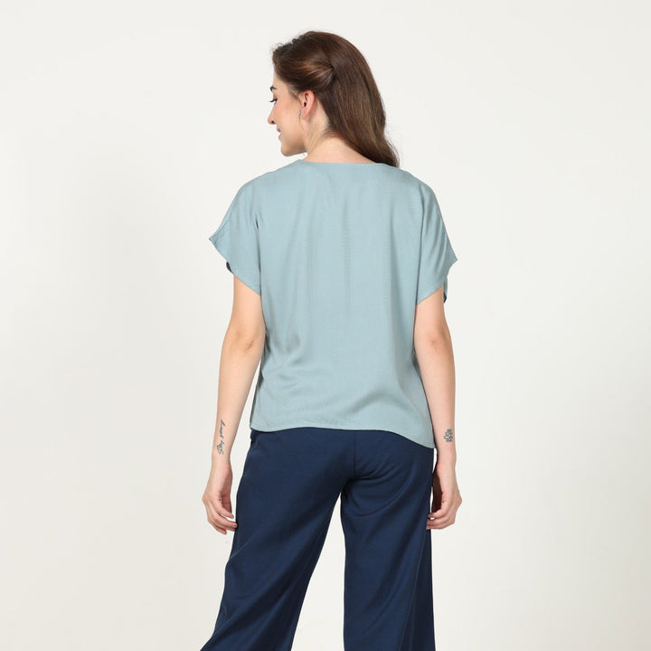 Pastel Blue Dolman Sleeve Top With Navy Straight Pant | Chic Comfort