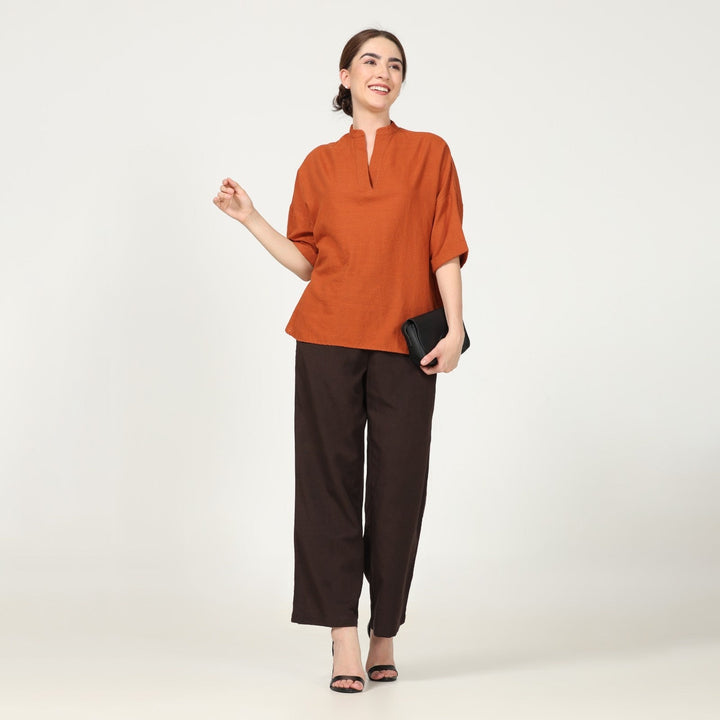 Autumn Rust Kimono Top With Coffee Brown Pant | Chic Comfort