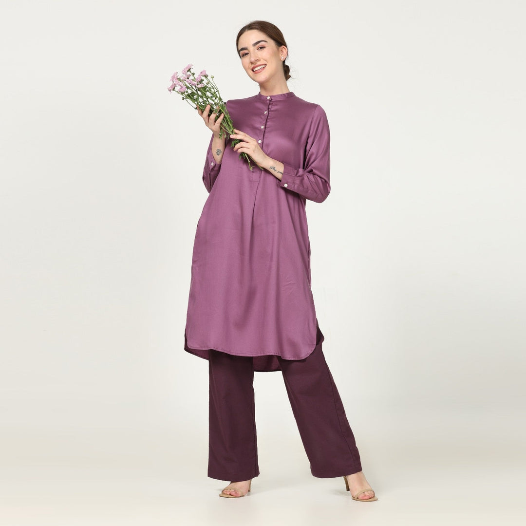 Pleated Tunic In Purple With Coffee Brown Straight Pant | Timeless Style