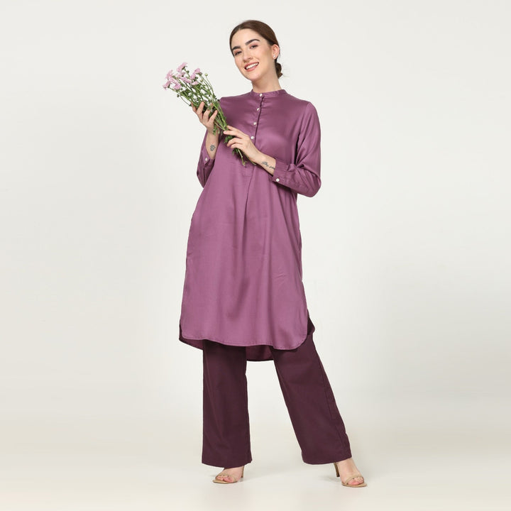 Pleated Tunic In Purple With Coffee Brown Straight Pant | Timeless Style