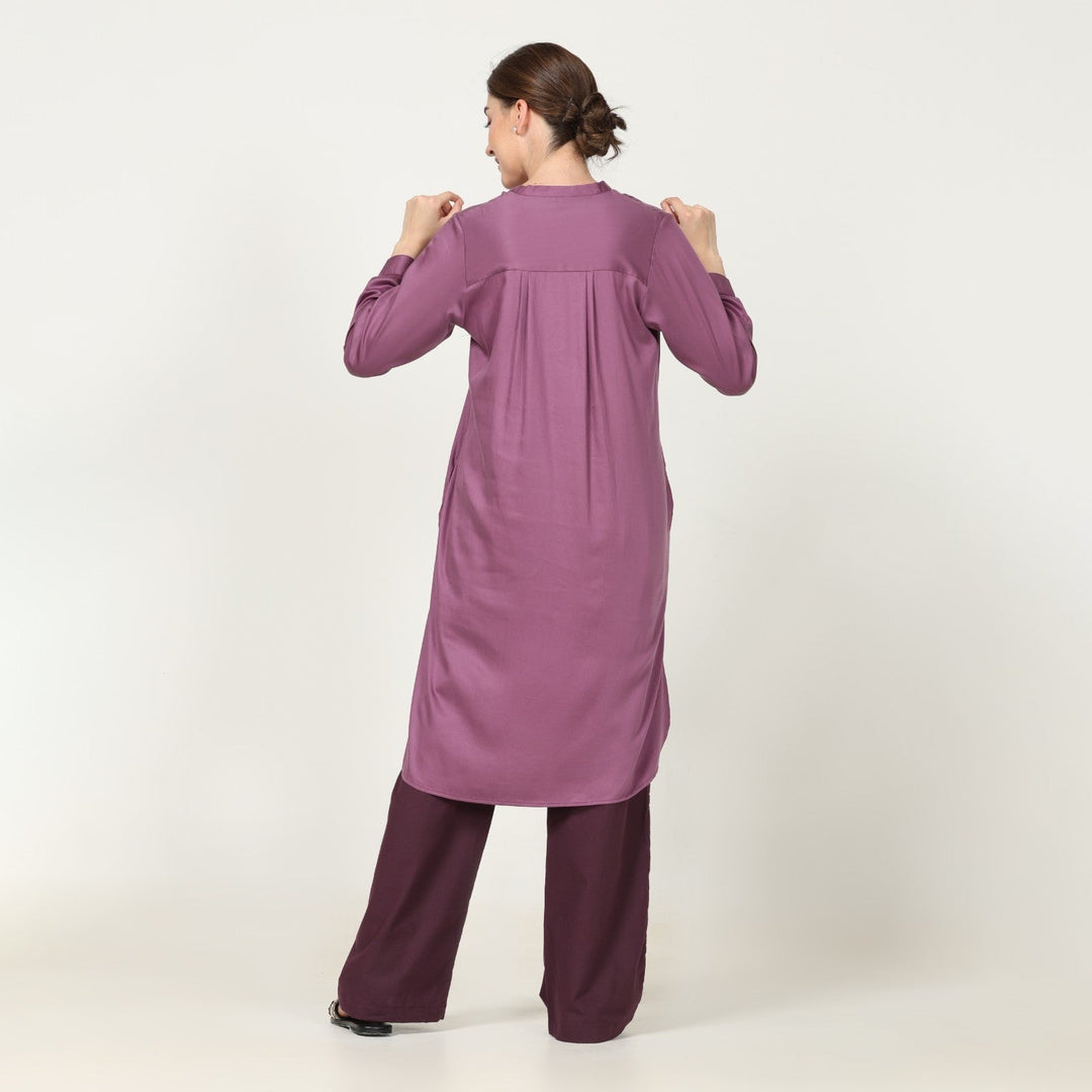 Pleated Tunic In Purple With Coffee Brown Straight Pant | Timeless Style