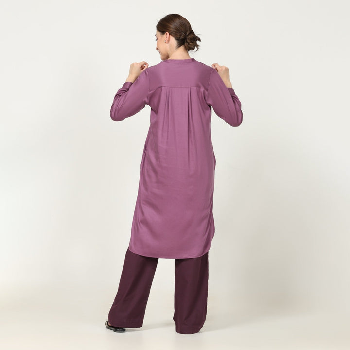 Pleated Tunic In Purple With Coffee Brown Straight Pant | Timeless Style