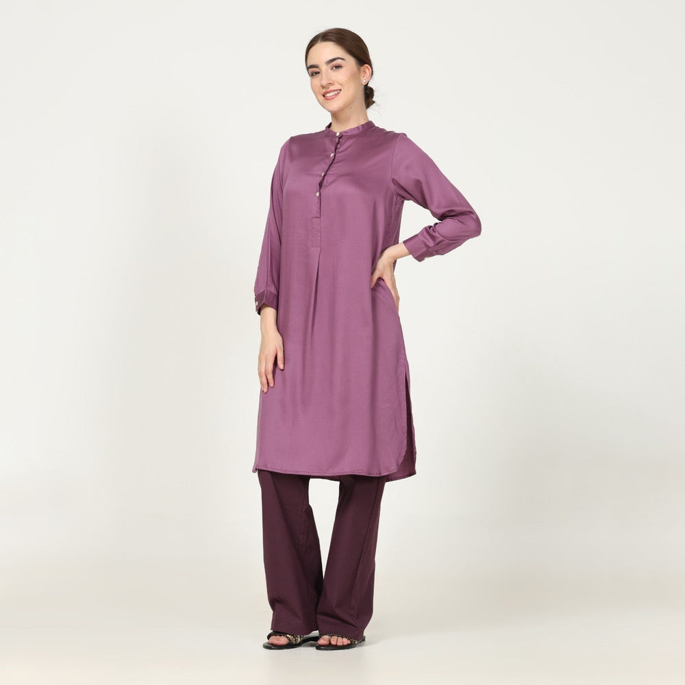 Pleated Tunic In Purple With Coffee Brown Straight Pant | Timeless Style