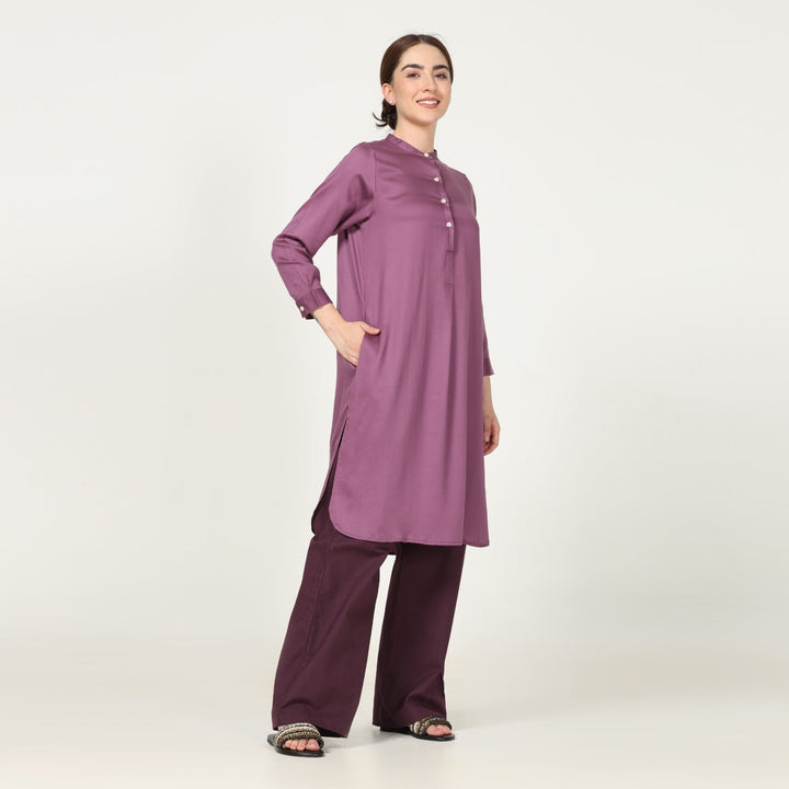 Pleated Tunic In Purple With Coffee Brown Straight Pant | Timeless Style