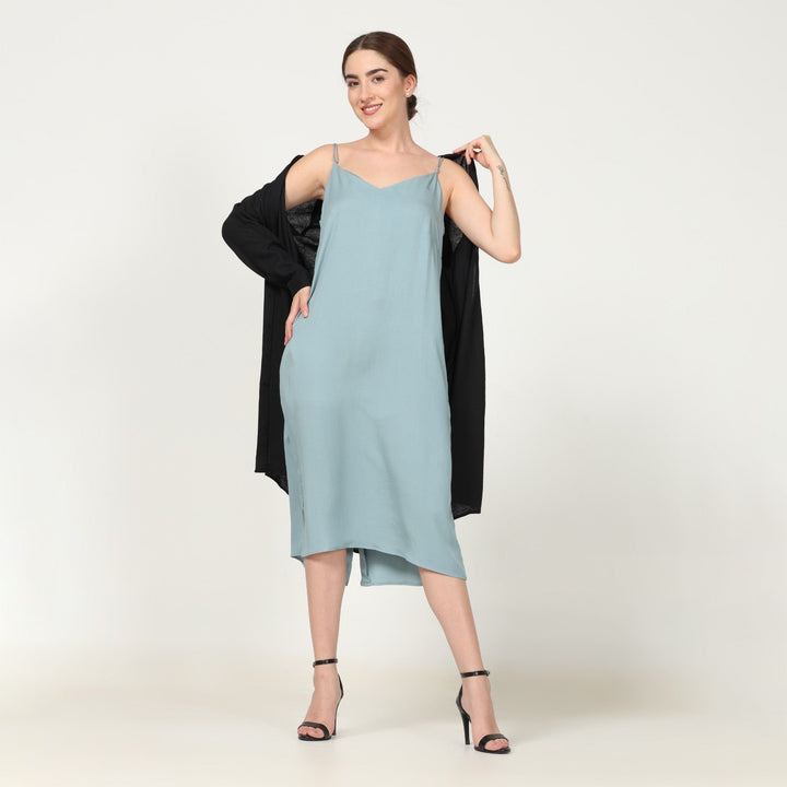 Black Overlay With Strappy Dress In Pastel Blue | Hand-Crafted