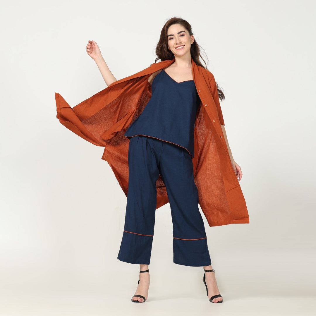 Autumn Rust Overlay With Navy Top & Pant | Weekend Vibe | Set Of 3