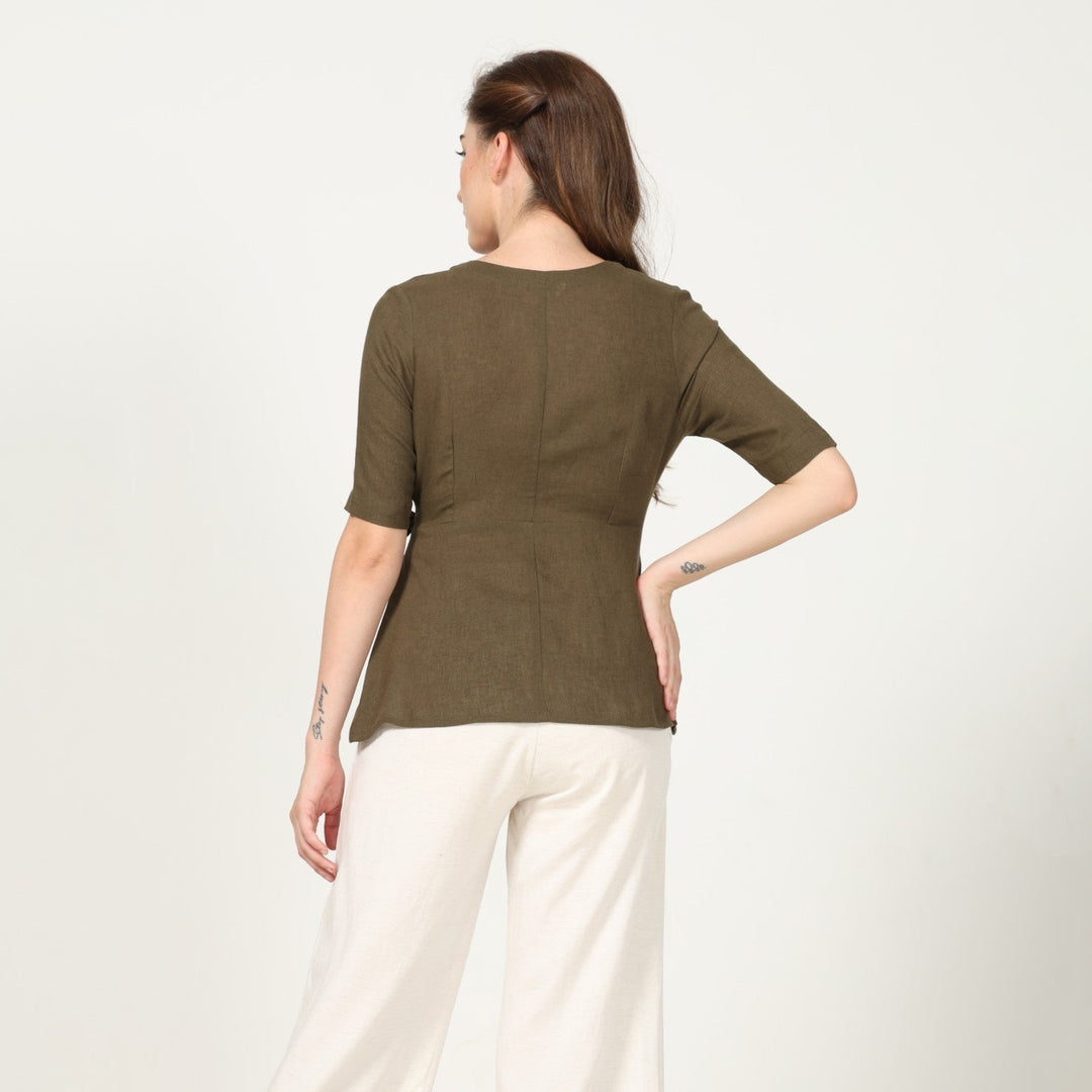 Solid Olive Green Women's Wrap Top | Linen | Chic Comfort