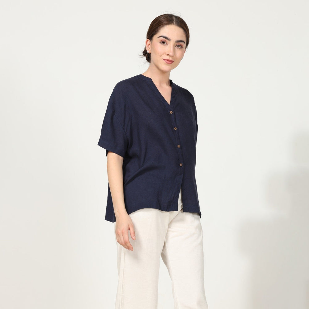 Women's Navy Blue Drop Shoulder Oversized Shirt | Polished Look