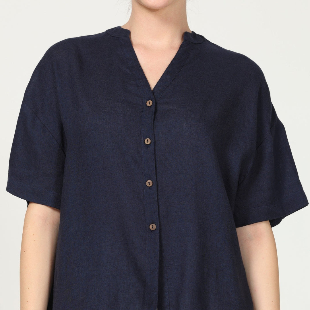 Navy Blue Mandarin Collar Shirt With Ecru Pant | Chic Comfort