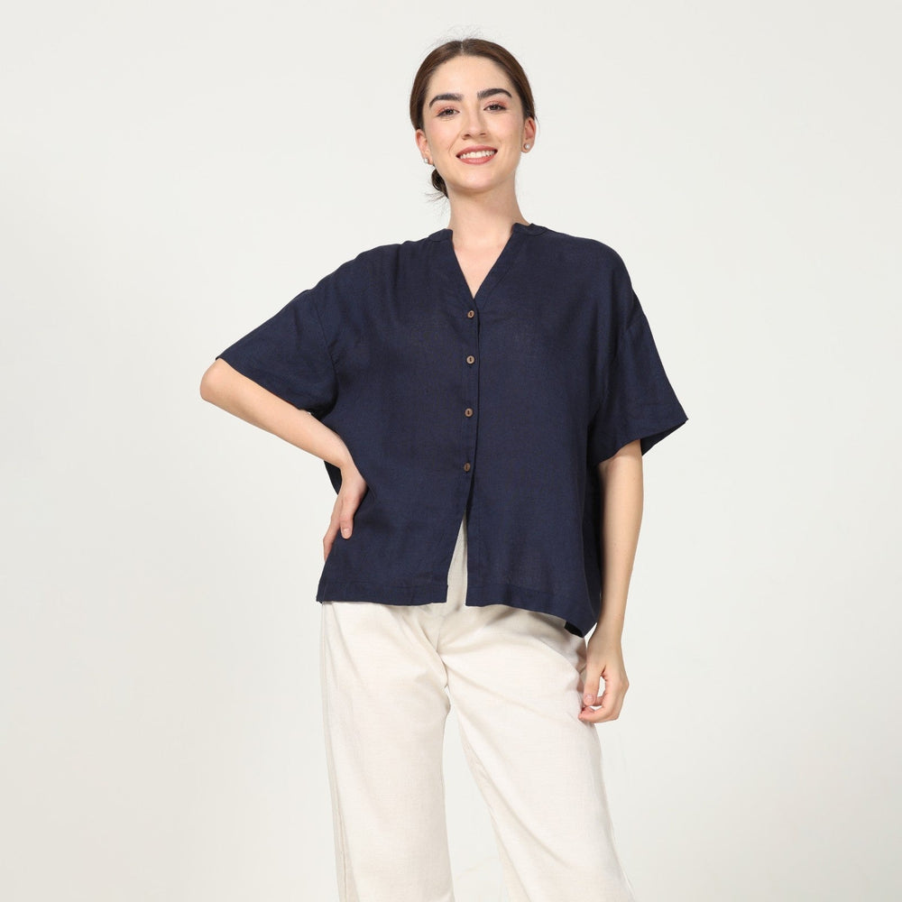 Navy Blue Mandarin Collar Shirt With Ecru Pant | Chic Comfort