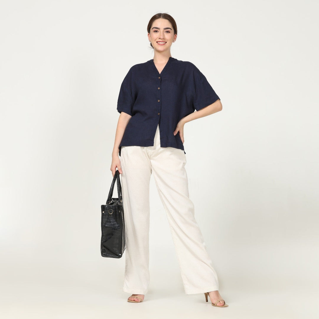 Navy Blue Mandarin Collar Shirt With Ecru Pant | Chic Comfort