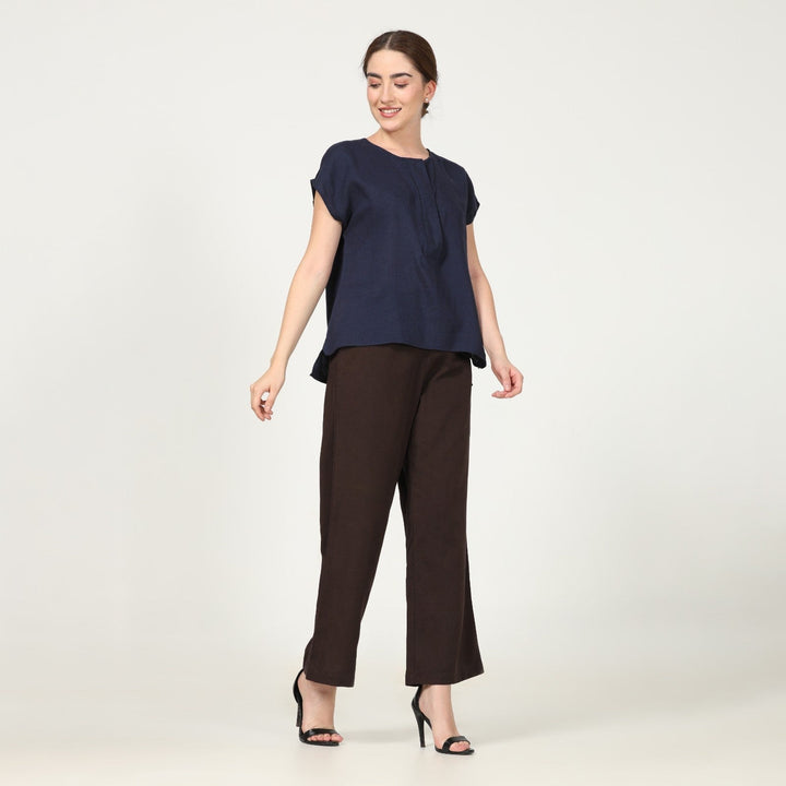 Navy Blue Cap Sleeve Top With Coffee Brown Pant | Linen Modal & Tencel