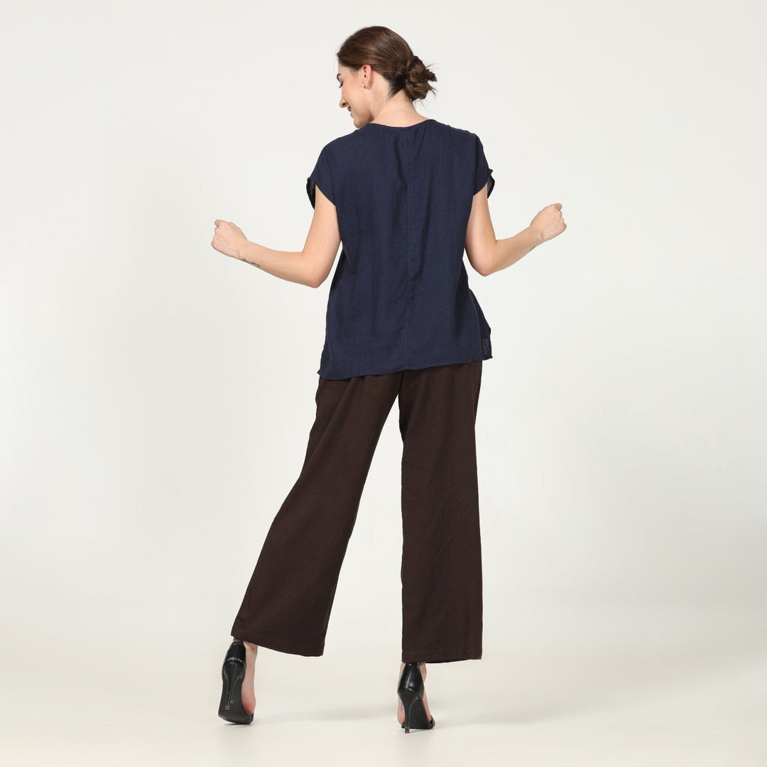 Navy Blue Cap Sleeve Top With Coffee Brown Pant | Linen Modal & Tencel