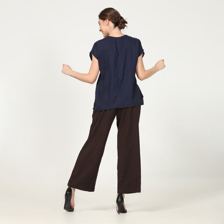 Navy Blue Cap Sleeve Top With Coffee Brown Pant | Linen Modal & Tencel